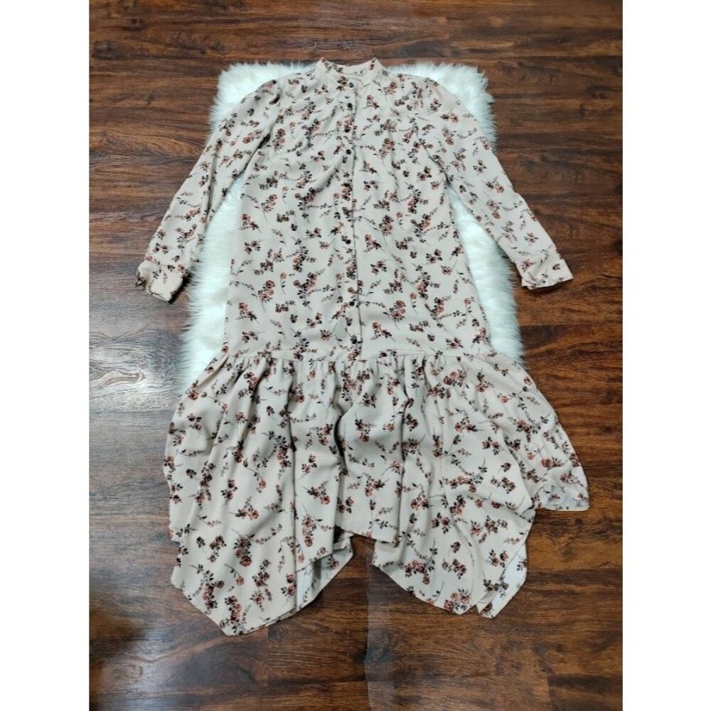 Begonia Puff Long Sleeve High Neck  Floral Print Hi-Low Dress Beige Womens Small - Picture 5 of 15